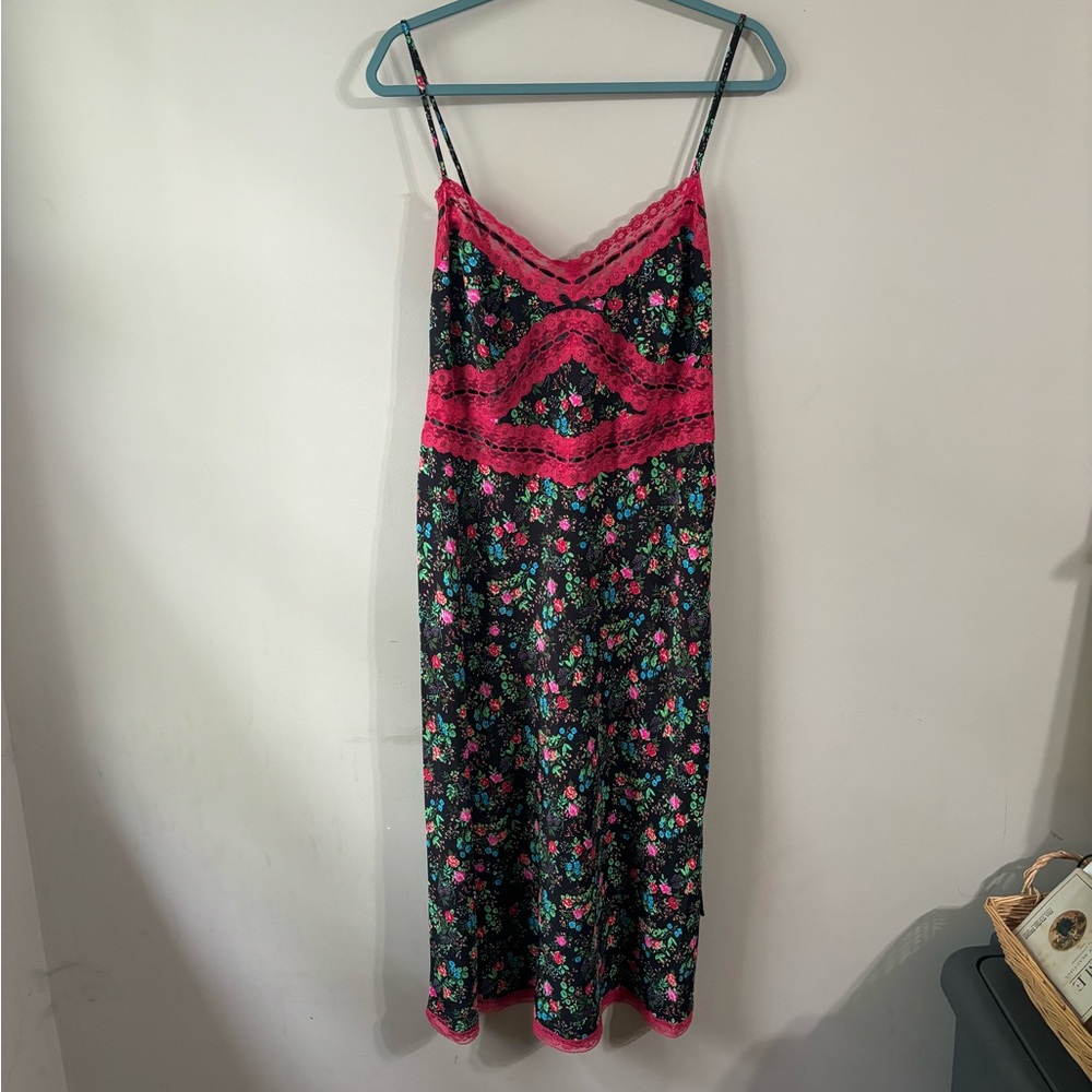 Betsey Johnson Black Floral Slip Dress with Red Lace Trim